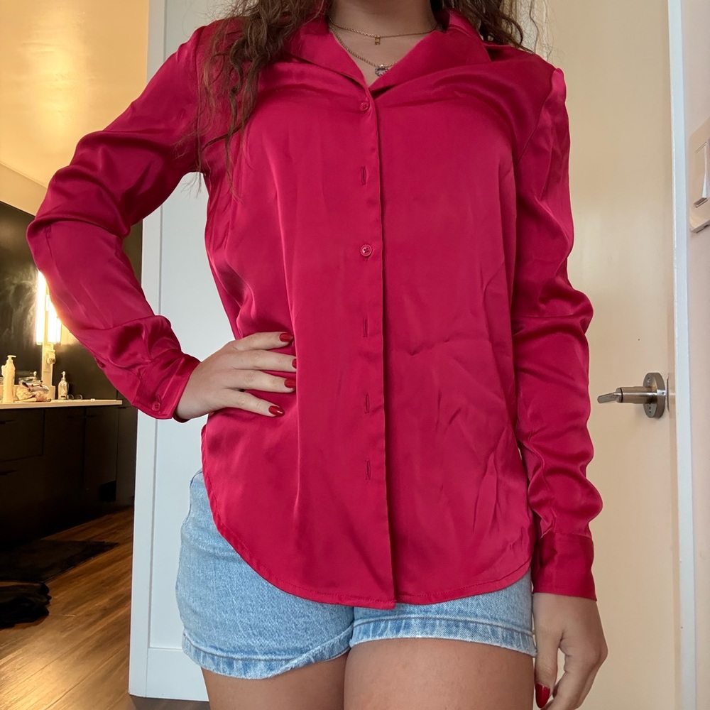 Red satin button-up blouse!